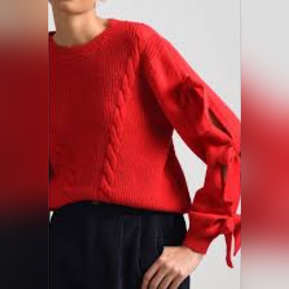 Molly Bracken By ANTROPOLOGY Red Cable Knit Sweater with Bow Details Size Lge - Picture 1 of 13